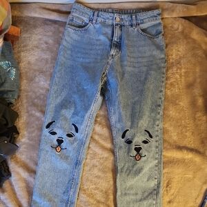 Monki Blue Straight Leg Jeans with Dog Embroidery On Both Knees Sz 30